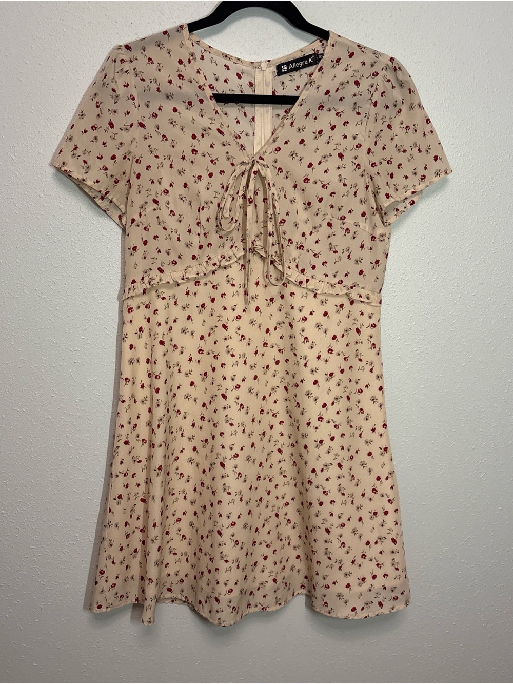 Allegra K Cream Mini Dress with Red Floral Print and Front Tie
